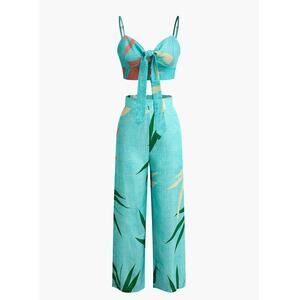 Micas Bamboo Leaf Print Knot Tropical Boho Resort Cami Top And Pants Set Blue XL